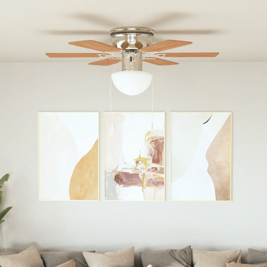 Puošnus lubų ventiliatorius su šviesele, 82cm, šviesiai rudas