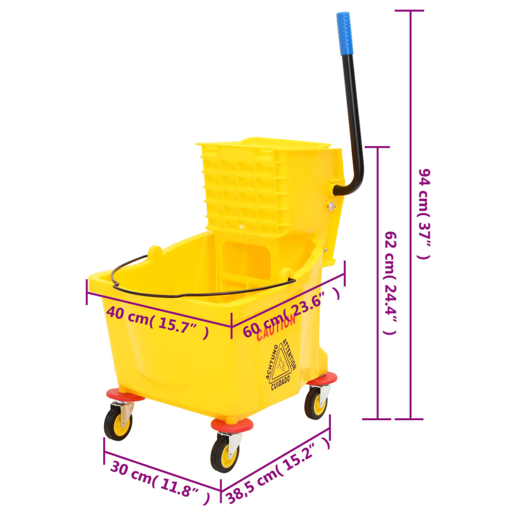 Grindų plovimo kibiras su gręžtuvu/ratukais, geltonas, 36l, PP